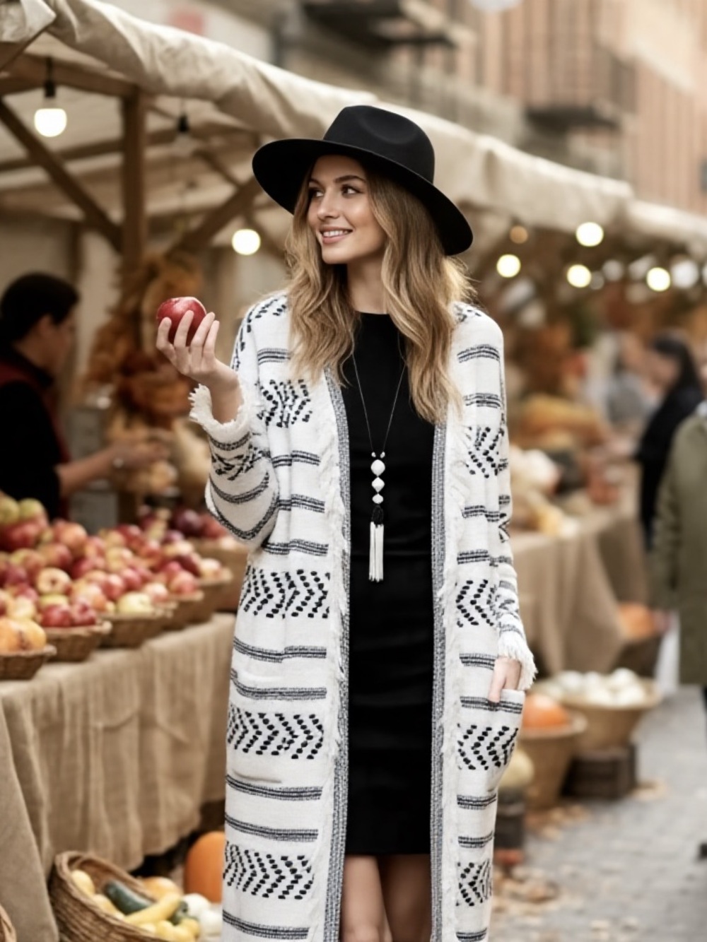 St John Knits Black White Fringe Aztec Boho Southwestern Long Cardigan Blazer M